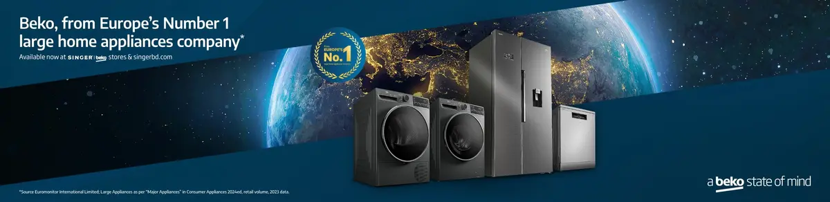 Beko banner with Europe’s Number 1 large appliances message, featuring silver home appliances against a blue globe background.