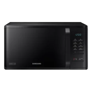 Samsung microwave oven with a black exterior and control panel on the side displaying various buttons and settings.
