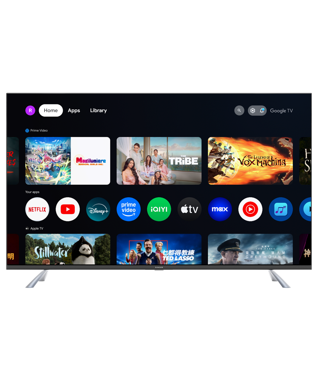 Black Singer Primax 4K Google TV screen showing Google TV interface with streaming apps and Home navigation for SLE43GU5000TV.